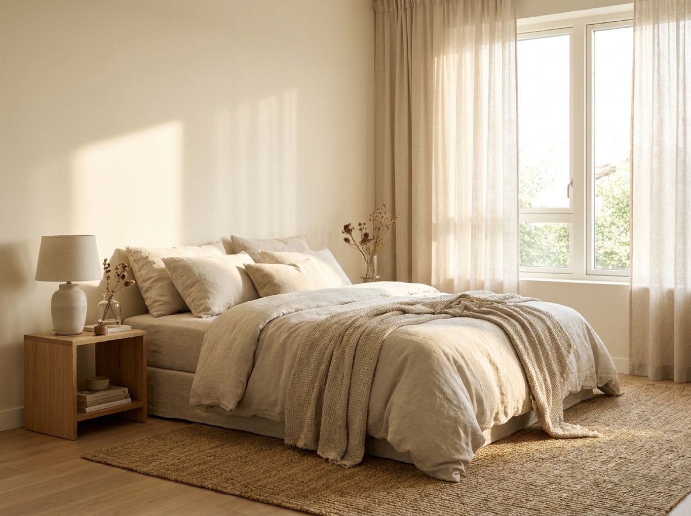 Staged model unit bedroom in morning light