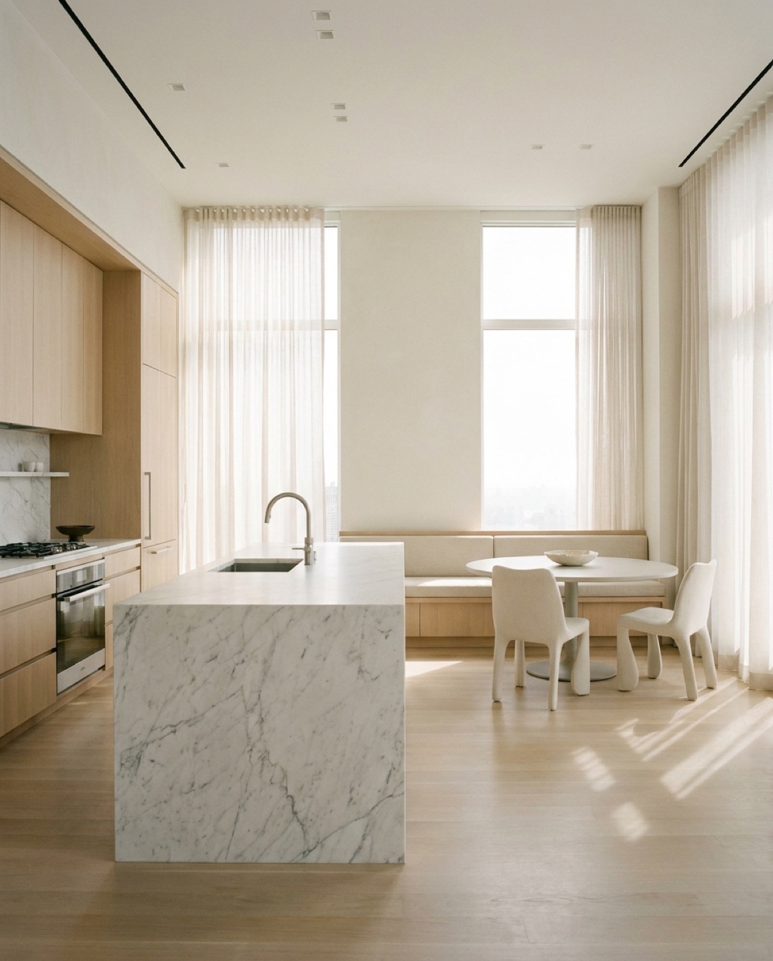 Rendering of a kitchen and dining area in a new development residence