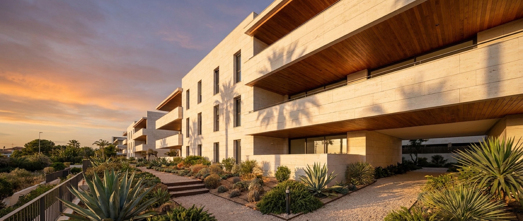 Rendering of a limestone residential building seen from its garden approach at golden hour