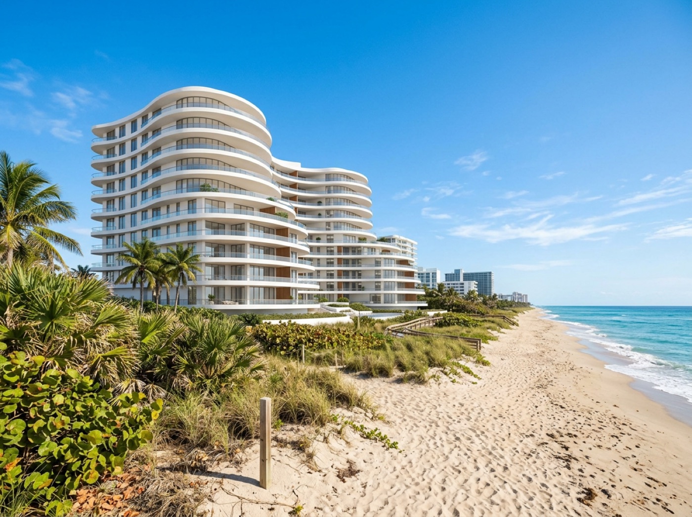 Rendering of Marea Residences seen from the beach in midday sun