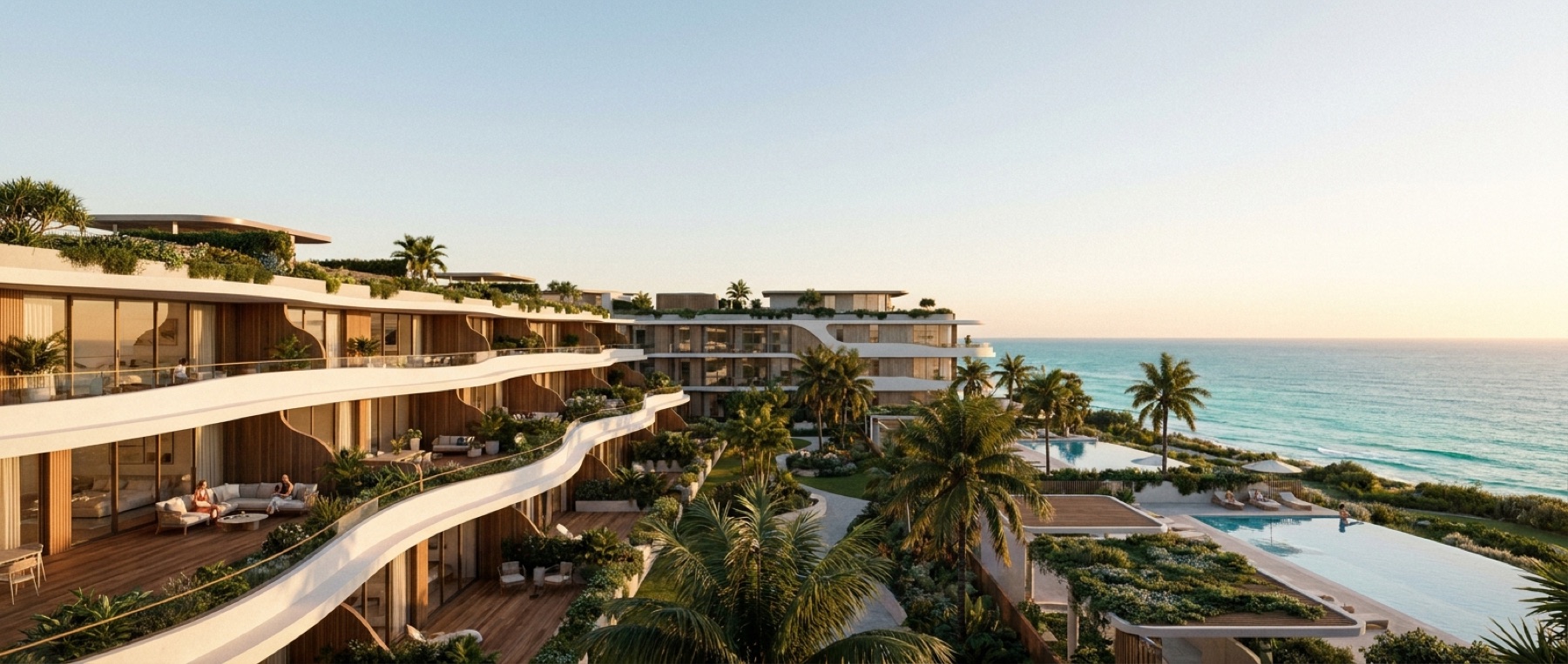 Rendering of Marea Residences, a low-rise coastal development at golden hour