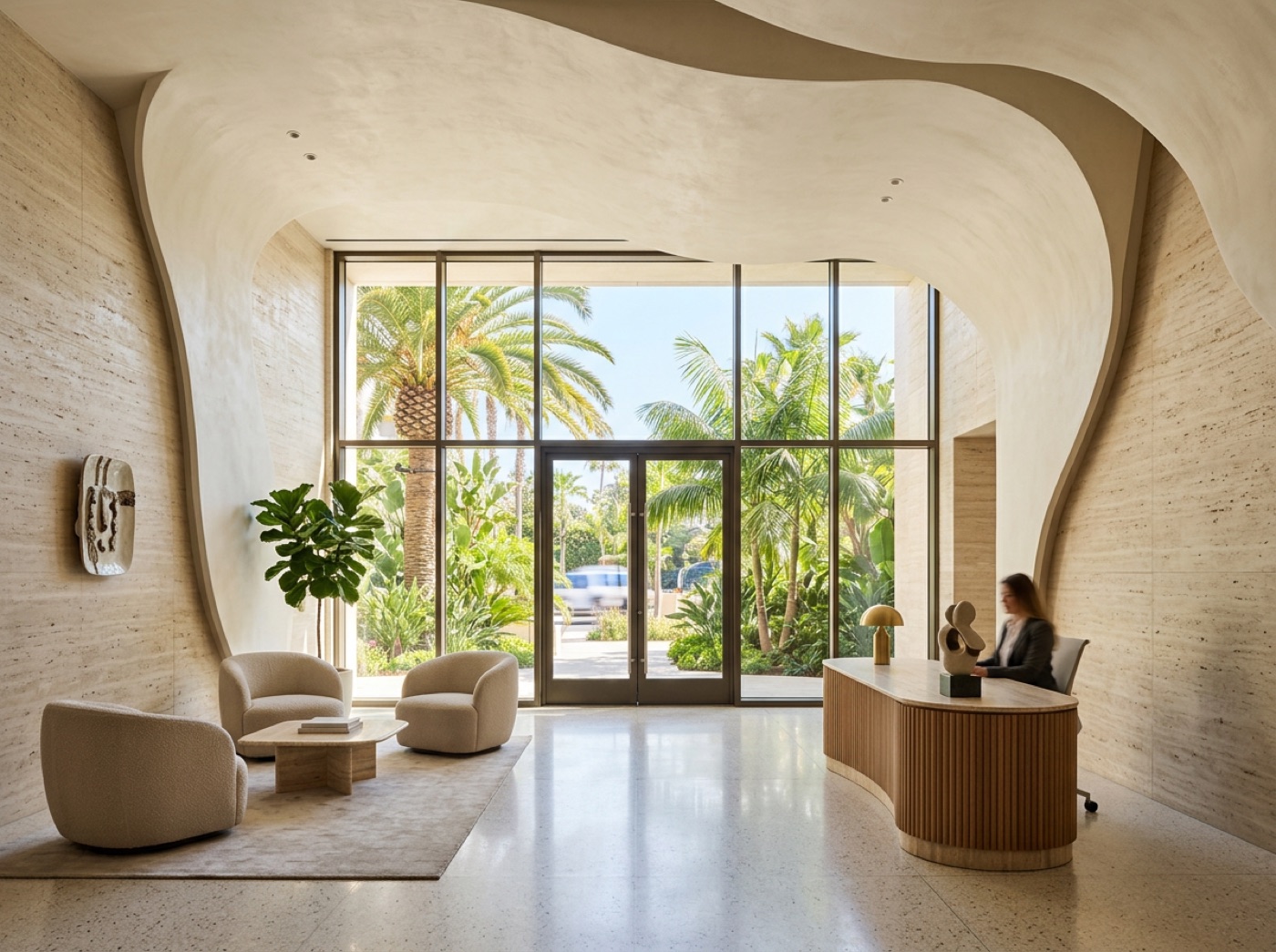 Rendering of the Marea lobby in travertine with a palm courtyard beyond