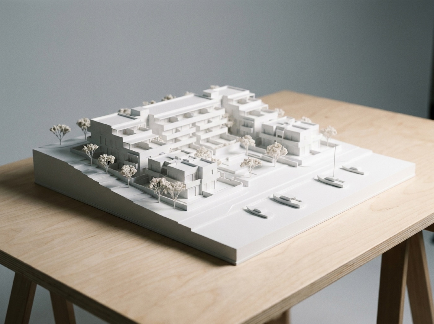 White architectural study model of the Marea site on a studio table