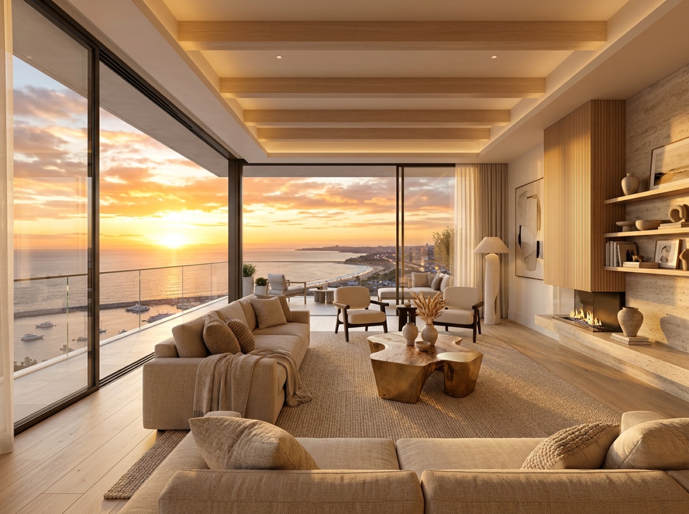 Rendering of a Marea penthouse living room with a panoramic ocean view at sunset