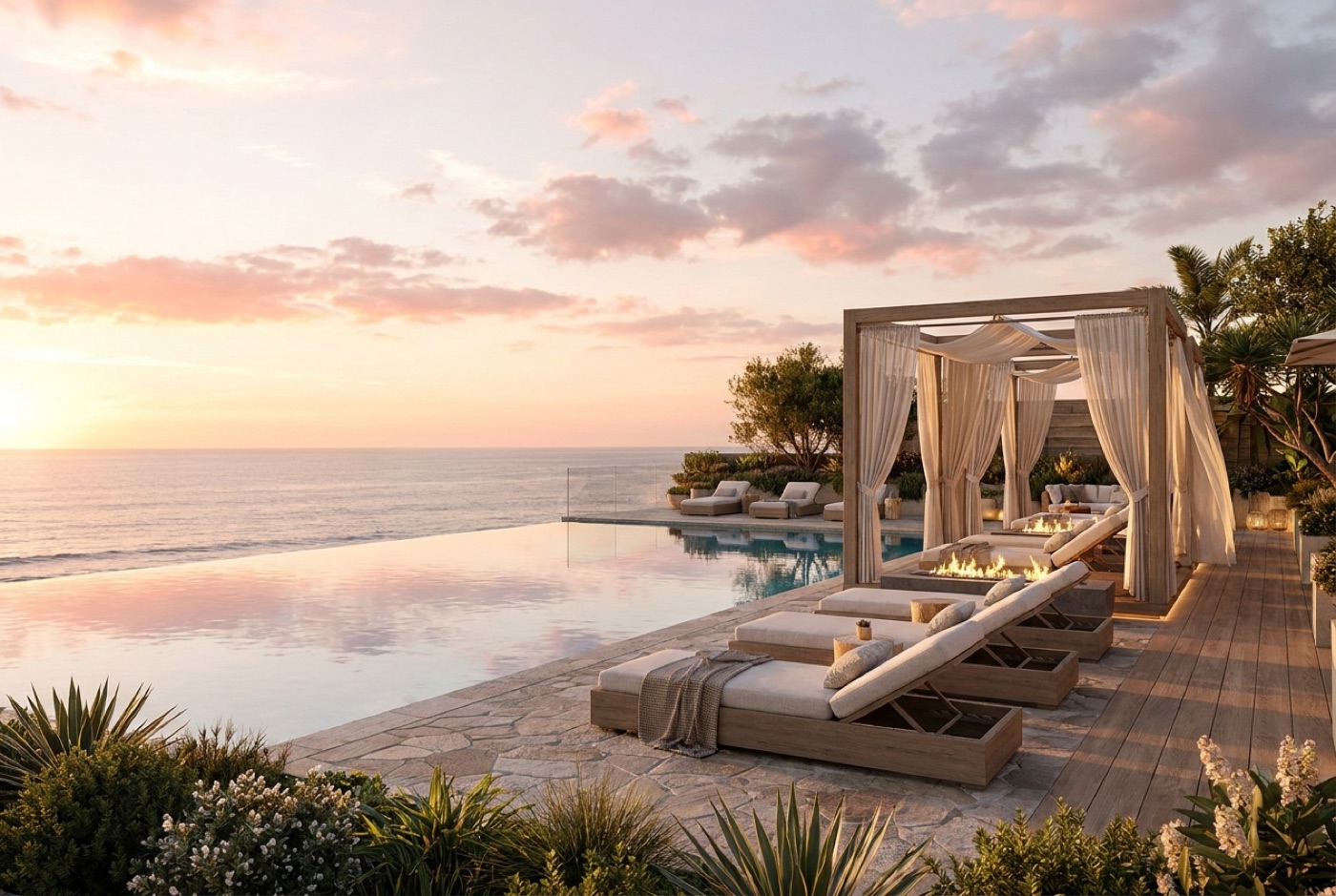 Rendering of the Marea pool deck at sunset with the ocean beyond