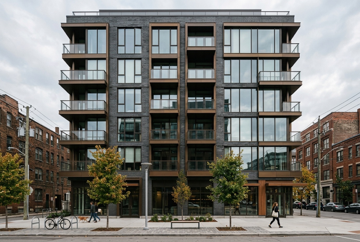 Rendering of a dark brick infill apartment building on a city street
