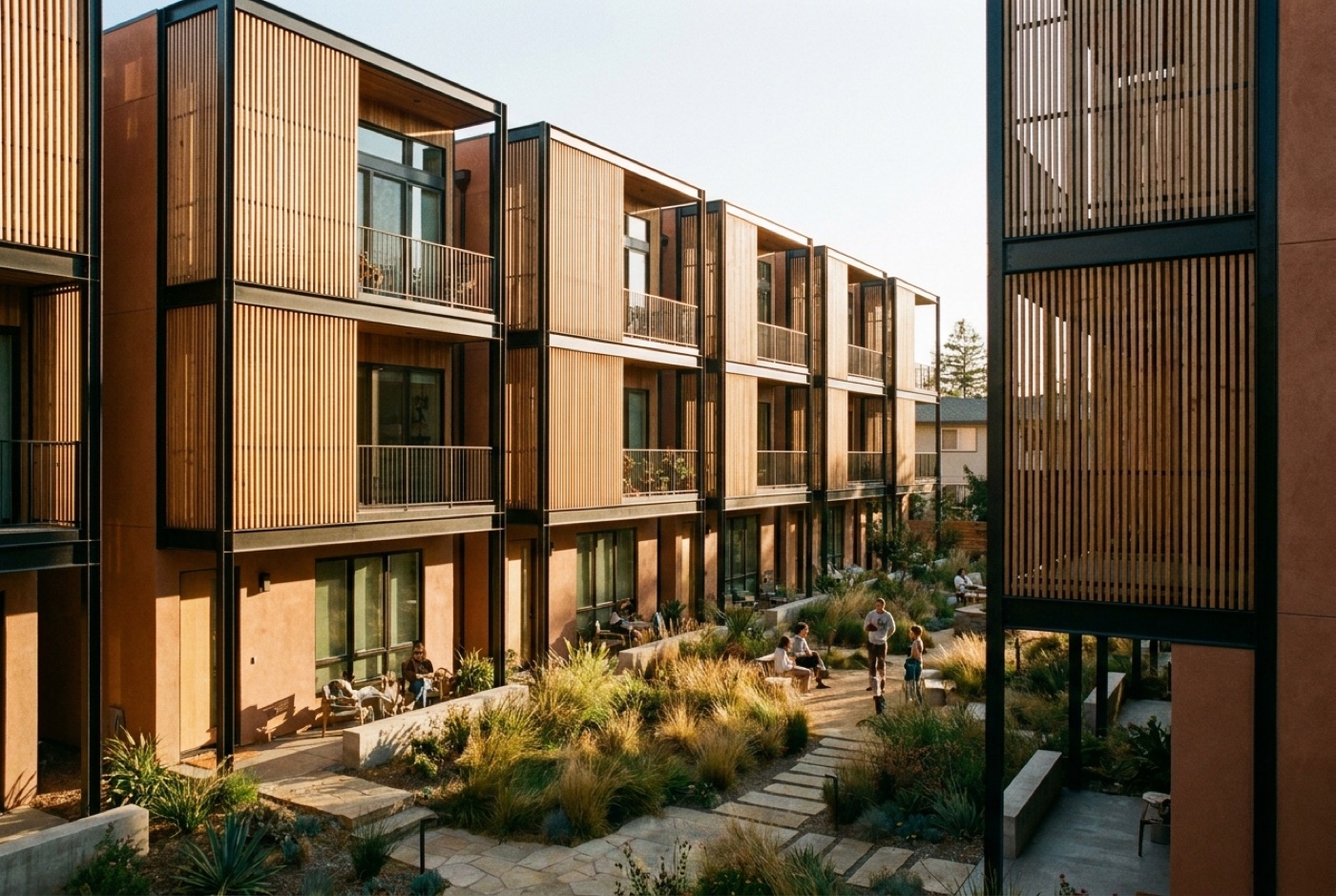Rendering of a wood-clad townhome cluster around a planted courtyard