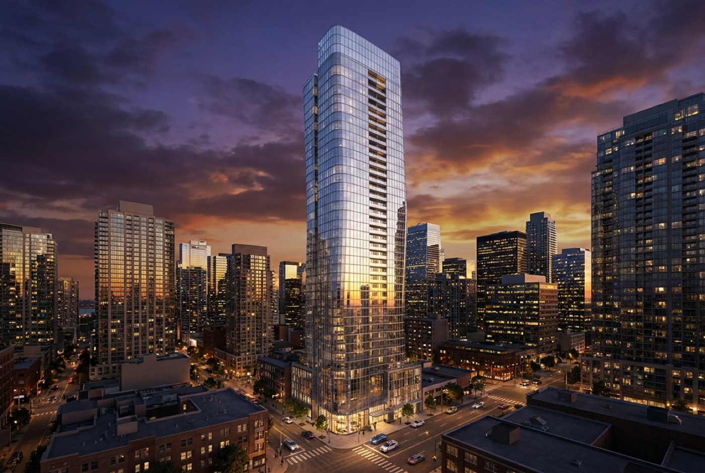 Rendering of Meridian Tower against a city skyline at dusk