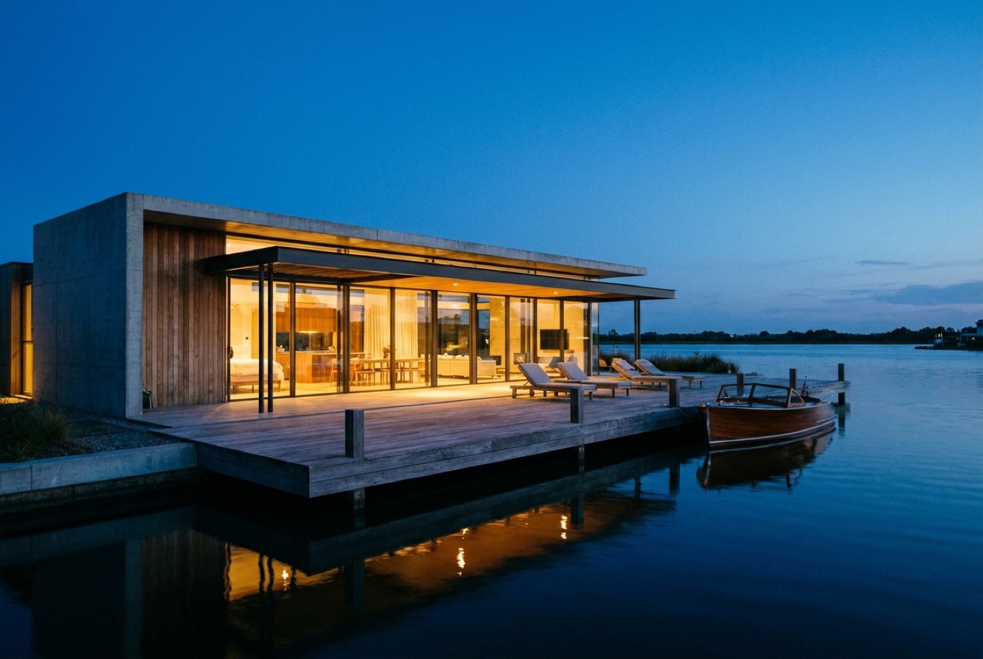 Rendering of a waterfront villa with a private dock at blue hour