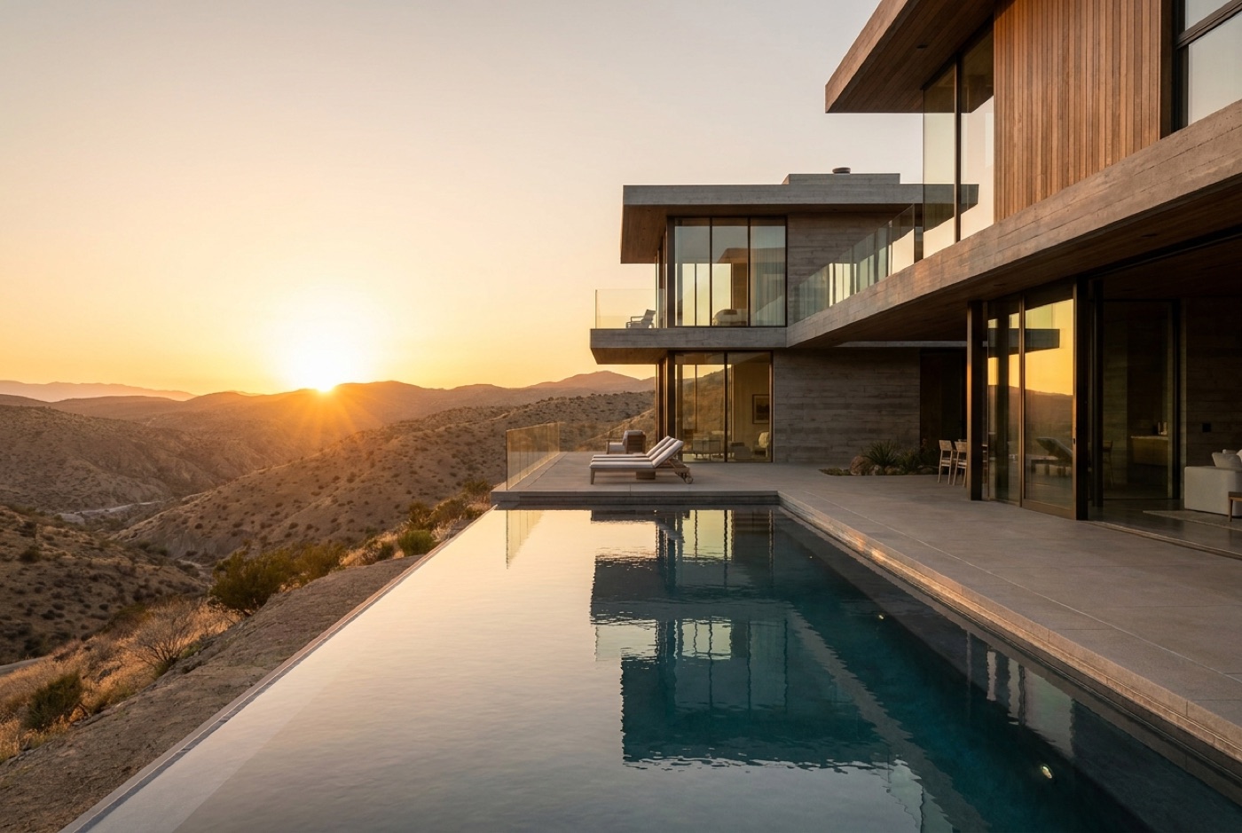 Rendering of a hillside residence with an infinity pool at sunset