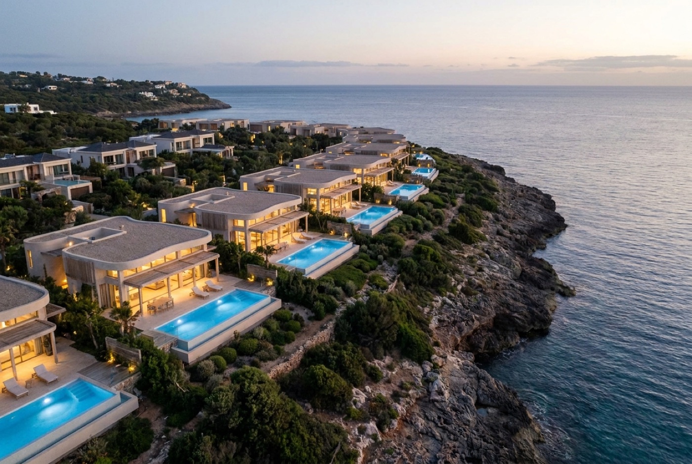 Aerial rendering of a cliffside villa community at dusk