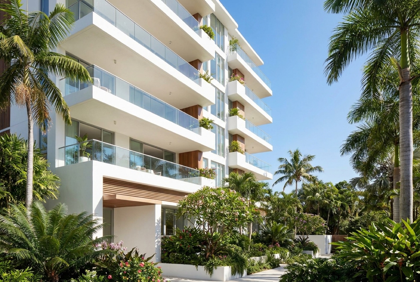 Rendering of a white mid-rise condominium among palms